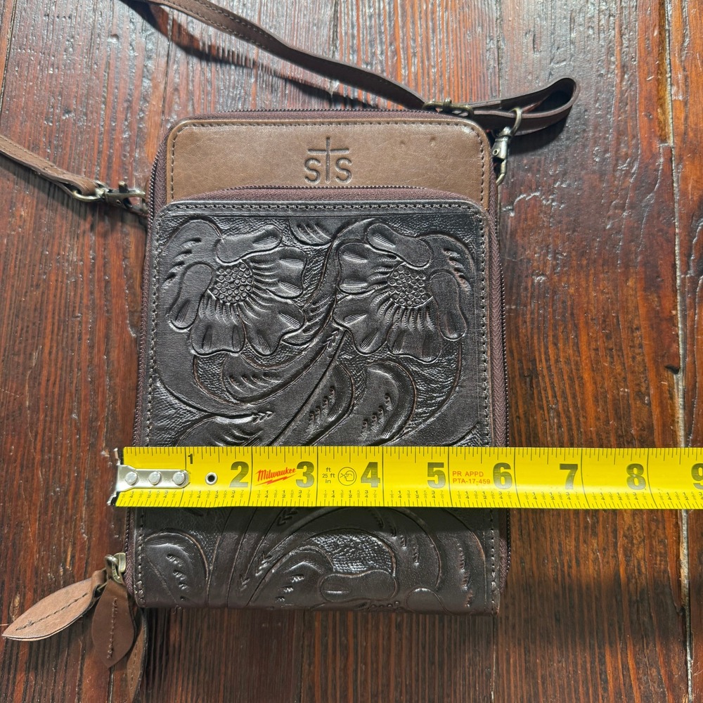 STS Ranchwear Crossbody Wallet Bag Purse Brown Tooled Floral Leather - Picture 4 of 10
